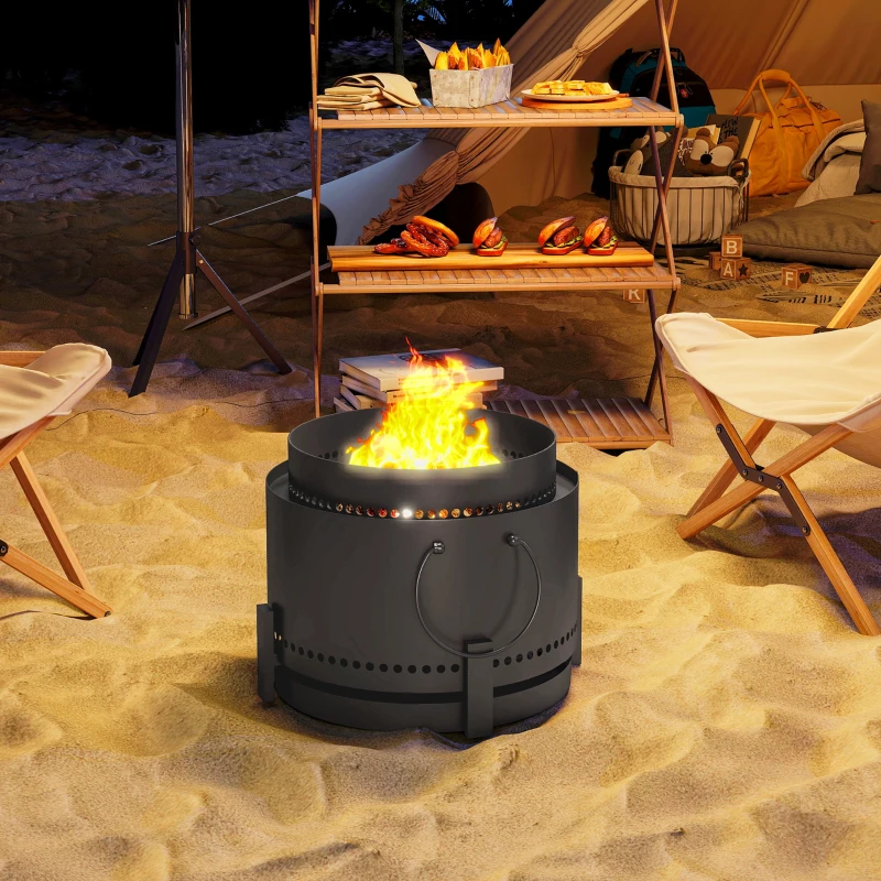 Outsunny Smokeless Fire Pit with Ash Catcher, 37cm Portable Wood Burning Firepit with Poker for Garden Camping Bonfire Party, Metal, Dark Grey