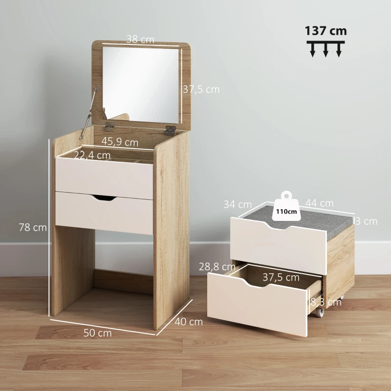 HOMCOM Schminkkommode 3-in-1 mit klappbarem Spiegel, Hocker und Schubladen, Rovere und Weiß