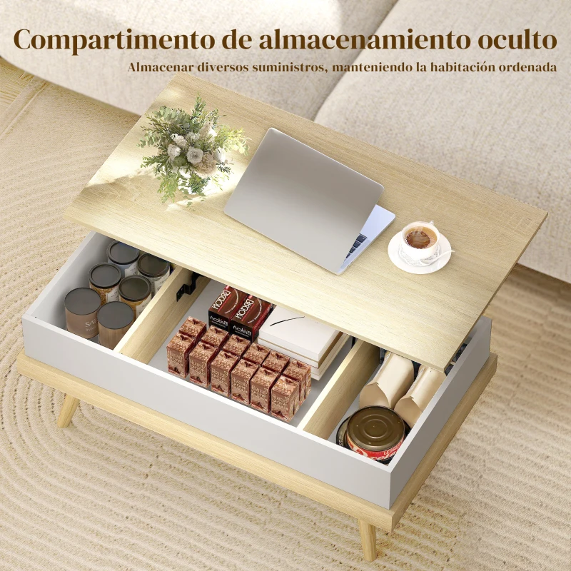 HOMCOM Mesa de Centro Elevable con 3 Compartimientos de Almacenaje Ocultos y Patas de Madera 100x79x54 cm Natural y Blanco