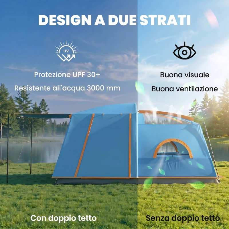 Outsunny Tenda da Campeggio per 4 Persone con 2 Stanze e Veranda, Impermeabile e UPF 30+, Borsa di Trasporto, Blu