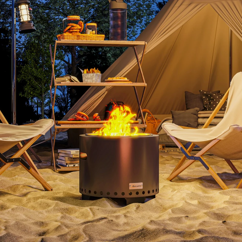 Outsunny Smokeless Steel Fire Pit, with Poker - Grey
