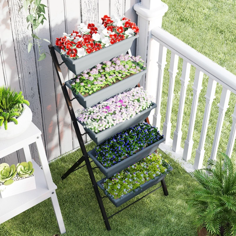 Outsunny Jardinière surélevée avec étages jardinière verticale avec 5 bacs à fleurs trous de drainage cadre en acier gris