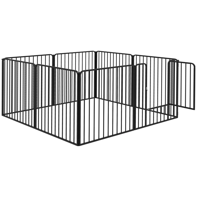 PawHut Box per Cani a 8 Pannelli Modulabili da Interno ed Esterno con 9 Picchetti, in Acciaio, 164x164x80 cm, Nero