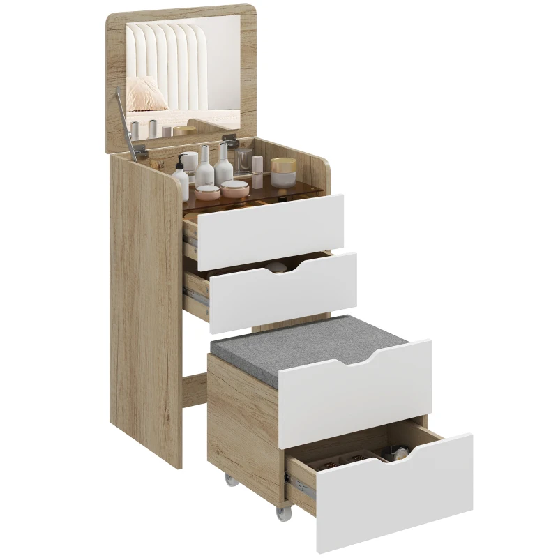 HOMCOM Schminkkommode 3-in-1 mit klappbarem Spiegel, Hocker und Schubladen, Rovere und Weiß