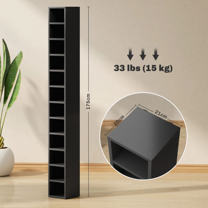 HOMCOM Rangements pour CD et DVD avec 12 compartiments, capacité max. 204 CD, 21 x 20 x 175 cm, noir