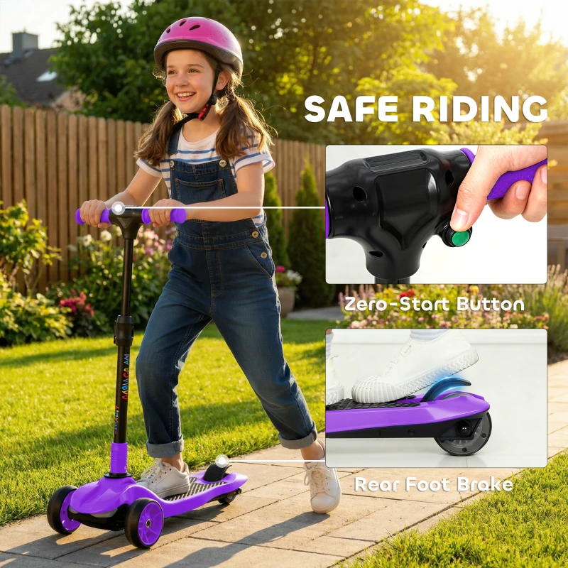 AIYAPLAY Trottinette électrique pour enfants 6+ ans, pliable 3 roues démarrage zéro, vitesse maximale 8 km/h 64x29x83cm violet