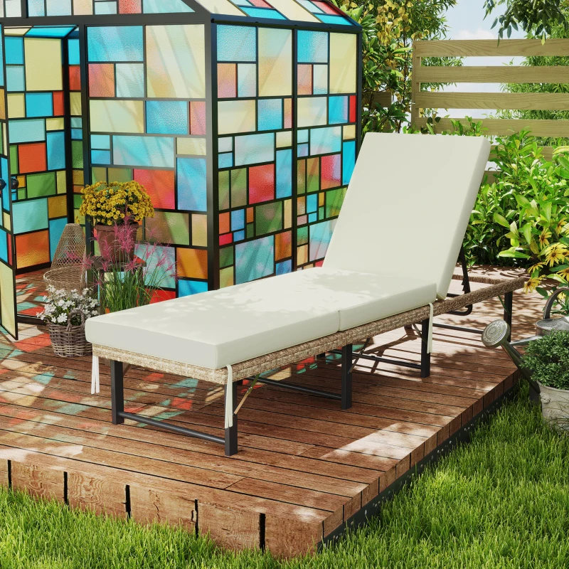 Outsunny Single Folding Rattan Sun Lounger, with Cushion - Grey