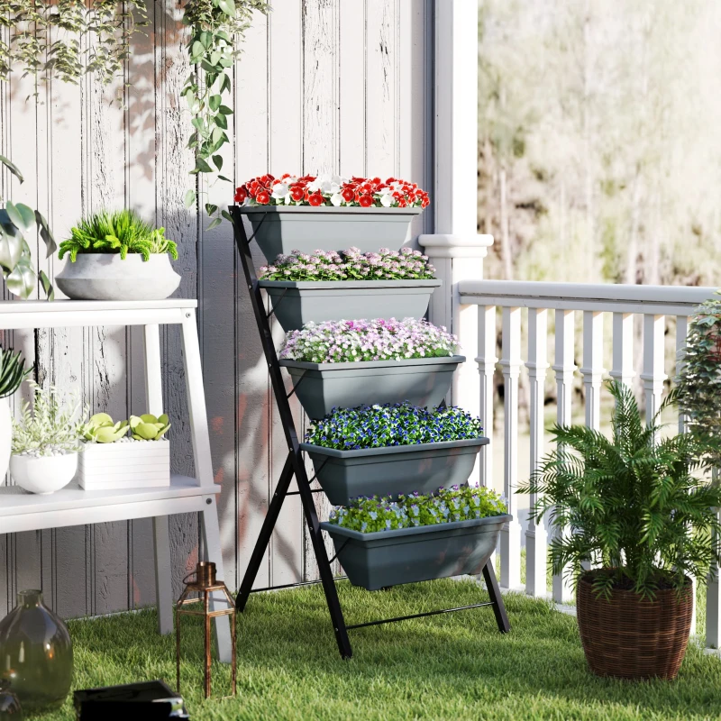 Outsunny Jardinière surélevée avec étages jardinière verticale avec 5 bacs à fleurs trous de drainage cadre en acier gris