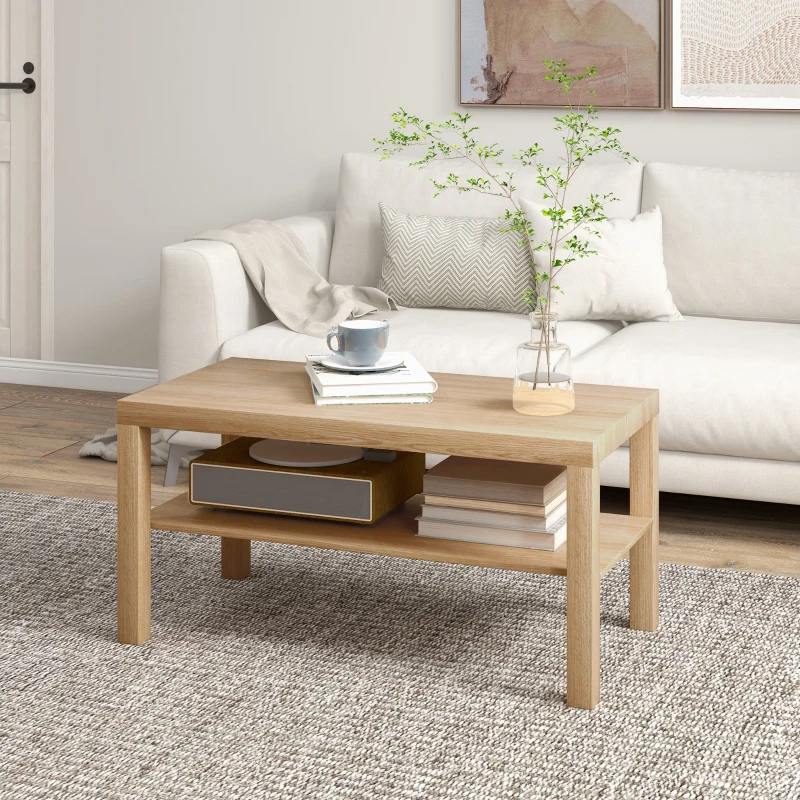 HOMCOM Table basse de salon, table d'appoint rectangulaire à 2 niveaux avec étagère de rangement, 90x45x44,5cm, bois naturel