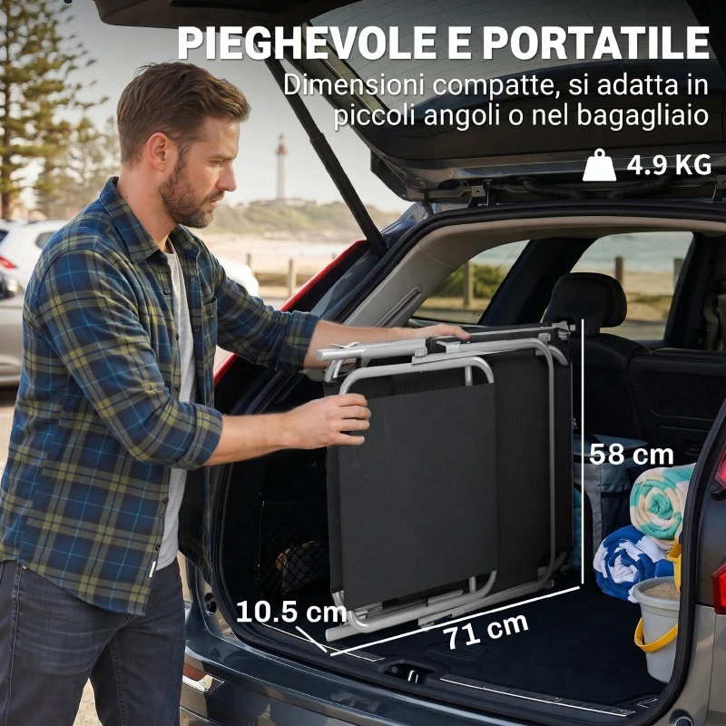 Outsunny Lettino Prendisole da Giardino Pieghevole e Regolabile con Tettuccio in Tessuto Nero, 187x58x50 cm