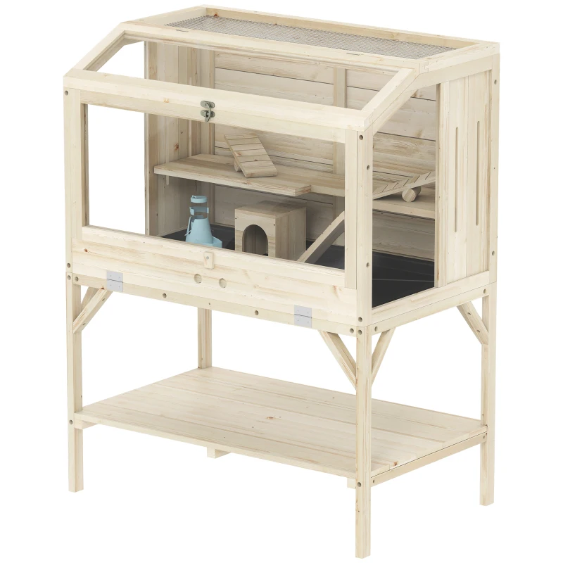 PawHut Hamsterkooi, 2 niveaus, kleindierkooi met opbergvak, accessoires, 84 x 53 x 110 cm, natuurhout