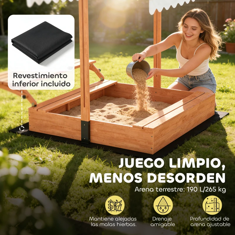 AIYAPLAY Arenero para Niños de Madera con Toldo Ajustable Mesa de Picnic con Bancos 6 Niños de 3-8 Años 184x110x120 cm Marrón