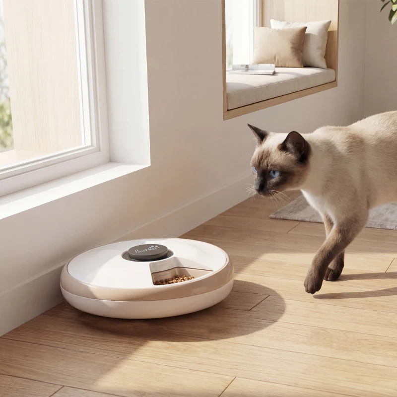 PawHut Distributeur de Nourriture pour Animaux de Compagnie Distributeur Automatique 6 portions 31,5 x 31,5 x 8,3 cm blanc