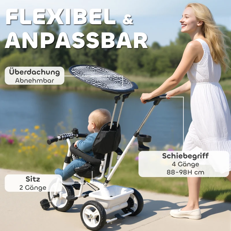 HOMCOM 6-in-1 Kinder Driewieler met Duwstang, Dak, Gordel, Opbergmand, voor 1-5 Jaar, Wit