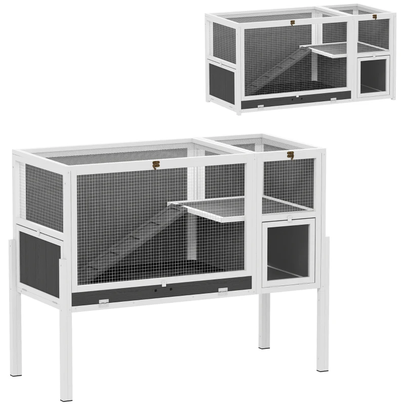 PawHut Kleindierhok voor dwerghamsters, konijnen, cavia's, met accessoires, verhoogd ontwerp, hout, metaal, grijs