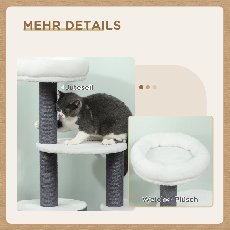 PawHut Krabpaal met 1 kattenhol, 1 kattenbed, 2 platformen, jute-touwpalen, Wit + Grijs