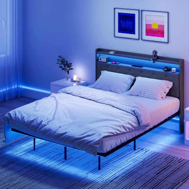 HOMCOM Floating Bed Frame, Upholstered 4ft6 Double Size Bed, Platform Bed with RGB LED Lights and Charging Station, Grey