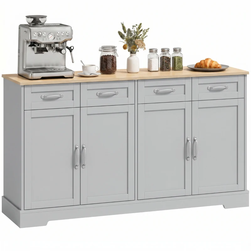 HOMCOM Sideboard Buffet Cabinet, 140 cm Kitchen Storage Cabinet with 4 Drawers, 4 Doors and 2 Adjustable Shelves, Grey