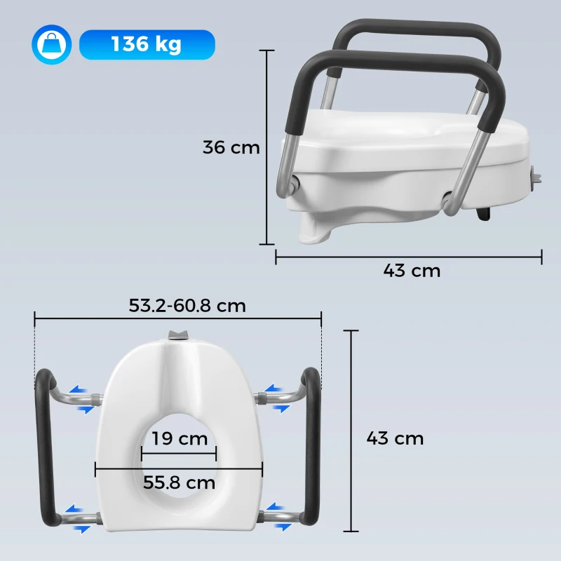 HOMCOM Înălțător WC pentru Vârstnici din HDPE cu Mânere Antialunecare, Lățime Reglabilă, Capacitate 136 kg, Alb