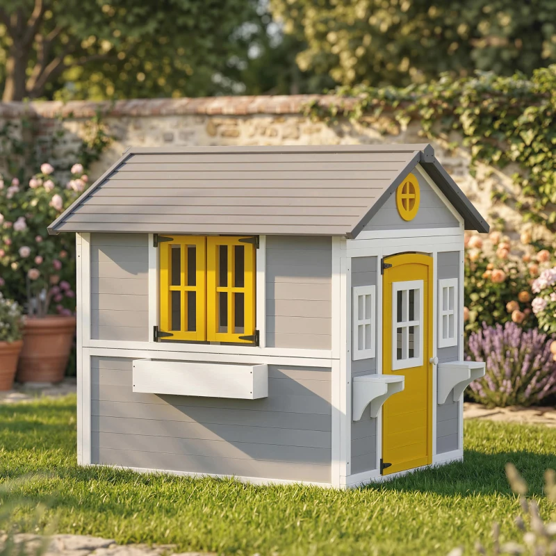 Outsunny Casita Infantil Exterior e Interior de Madera con Puerta Ventanas Jardineras y Soportes de Flores Gris