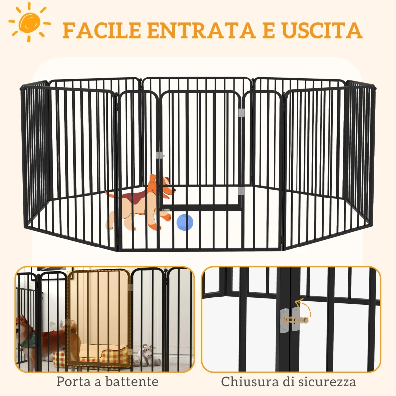 PawHut Box per Cani a 8 Pannelli Modulabili da Interno ed Esterno con 9 Picchetti, in Acciaio, 164x164x80 cm, Nero