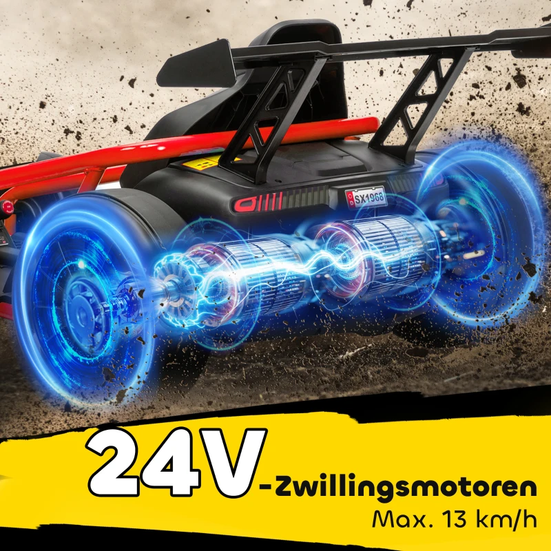 AIYAPLAY 24V elektrische gokart om te rijden en te driften, nylonbanden, veiligheidsgordel, claxon, muziek, voor 8-12 jaar Rood(m-5)