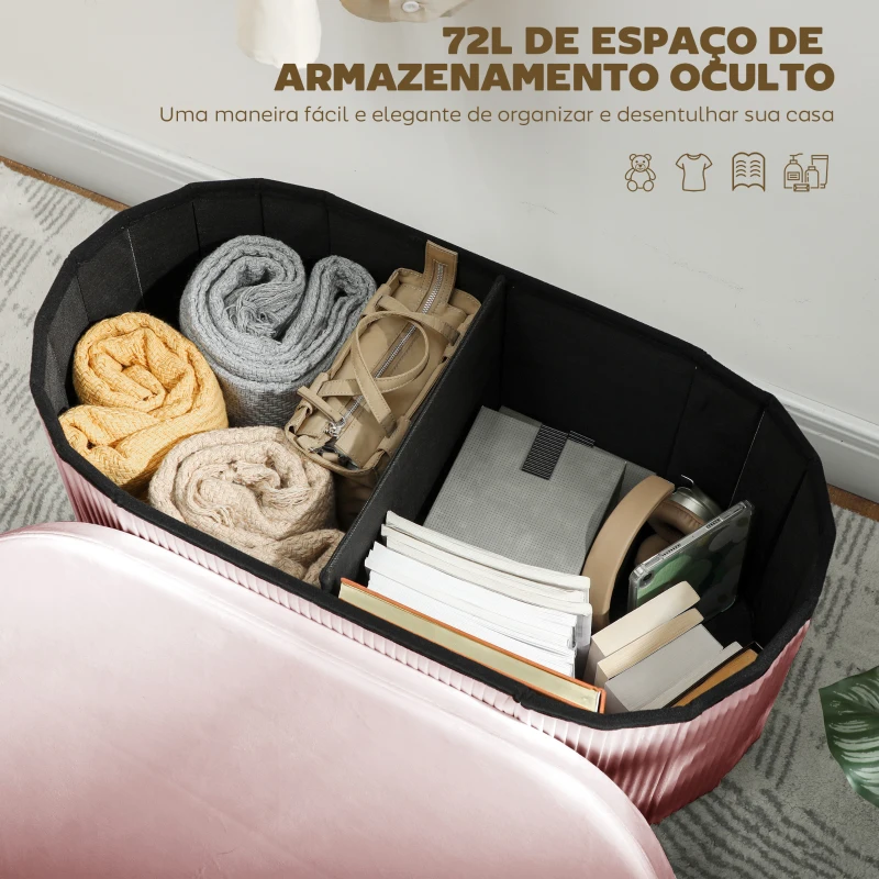 HOMCOM Puff de Arrumação Banco de Arrumação Dobrável 72 L 76x38x35 cm Estofado em Veludo Baú de Armazenamento Rosa