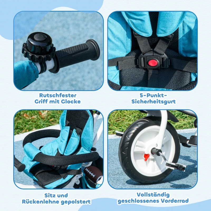 HOMCOM 6-in-1 Kinderdriewieler met Duwstang, Zonnedak, Gordel, Opbergmand, voor 1-5 Jaar, Blauw