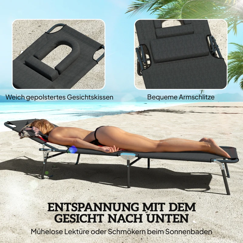 Outsunny Zonnebed met gezichtsopening & kussen, inklapbaar, waterafstotende bekleding, metalen frame, Zwart
