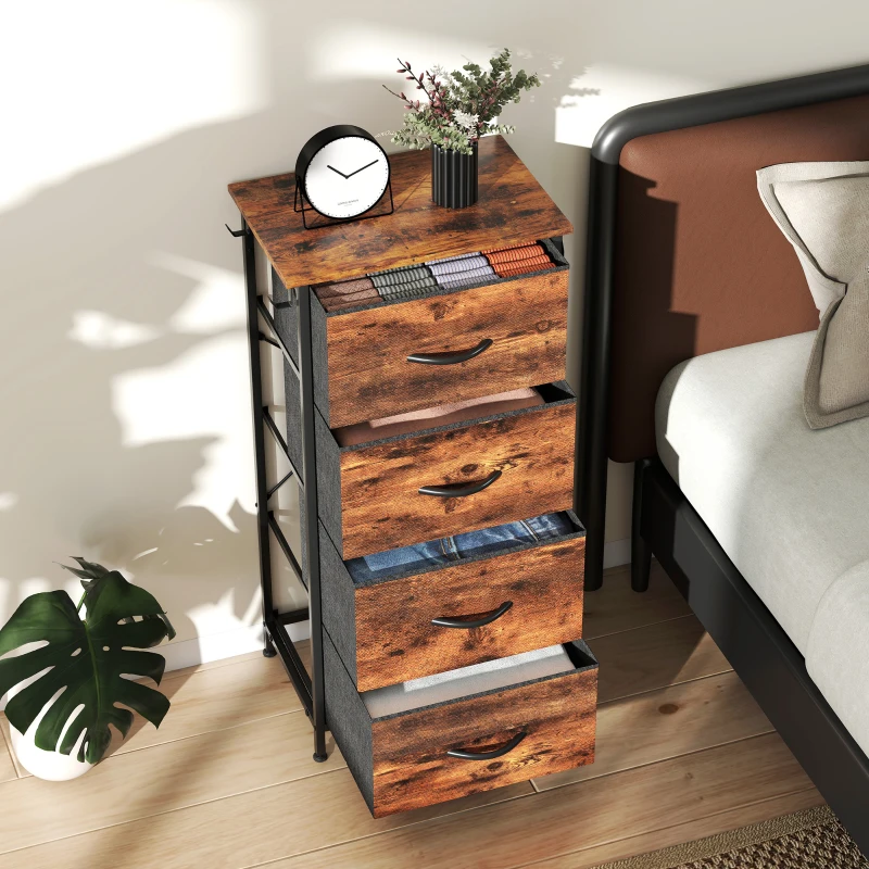 HOMCOM Cómoda 4 cajones de tela, mueble de almacenamiento con 4 bolsillos, 2 ganchos, estructura de acero, 45 x 30 x 94,5 cm, marrón