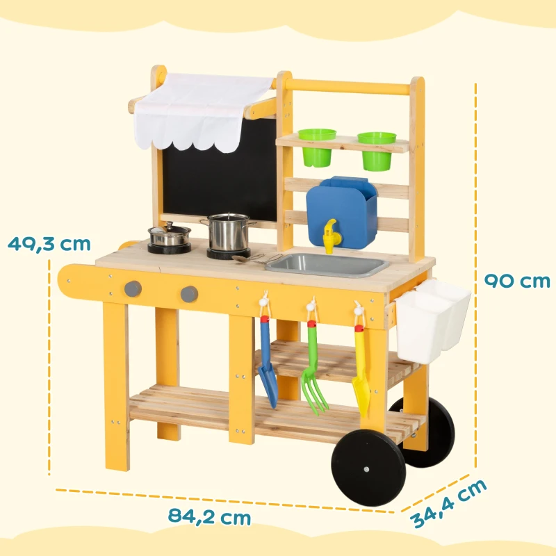 AIYAPLAY Cucina Giocattolo in Legno per Bambini con 15 Accessori, da Interno ed Esterno, Giallo