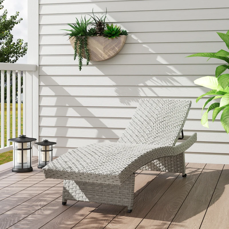 Outsunny Outdoor PE Rattan Sun Lounger, Folding Wicker Garden Lounger Recliner with 4-Level Adjustable Backrest, Rolling Sunbed Lounge Chair with Wheels, Non-Slip Legs for Balcony, Beach, Grey