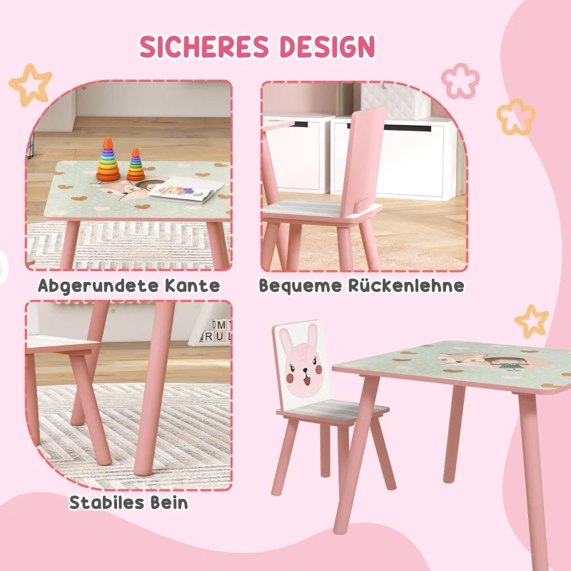 ZONEKIZ Kinderset van grenenhout, tafel met 2 stoelen, dierenmotief, kinderkamer, 3-8 jaar, roze