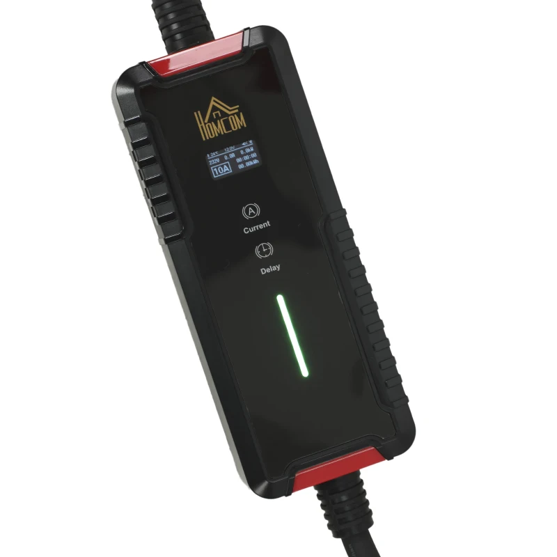HOMCOM Chargeur Voiture Électrique Type 2, 7kW, 6-32A, 8m, Prise CEE, Adaptateur Européen, Écran LCD, IP65, 21x8,5x5cm, Noir