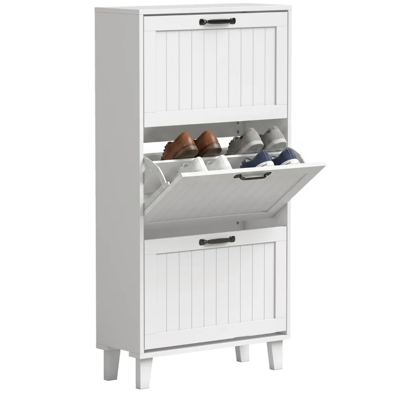 HOMCOM Schuhschrank, 3 Klappfächer, verstellbare Einlegeböden, schmal, Weiß.