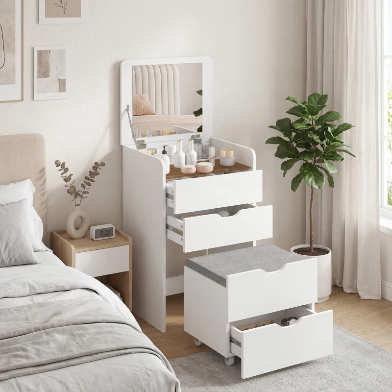 HOMCOM Schminktisch 3-in-1 mit klappbarem Spiegel und Hocker, mit Schubladen, Weiß