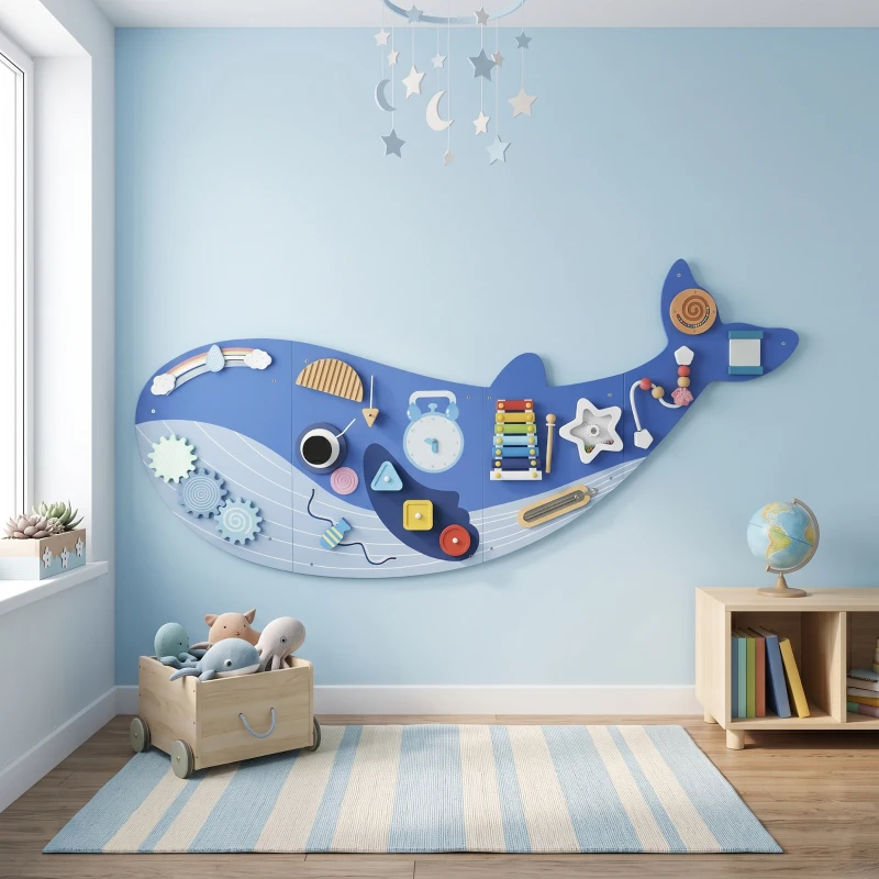 AIYAPLAY Busy Board Jouet, Tableau d'Activités Murale Baleine, Planche Motricité Bébé Educatif pour Garcon Fille dès 2 Ans, Bleu