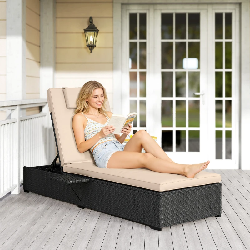Outsunny Rattan Sun Lounger with 5-Level Reclining Back Side Tray and Cushion, Black