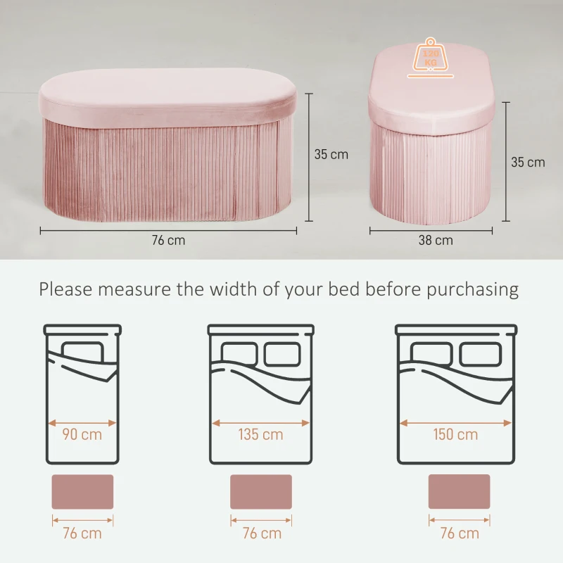 HOMCOM Pouf pliabil cu spațiu de depozitare modern, tapițat cu catifea, 72L, pentru living și dormitor, 76x38x35 cm, Roz