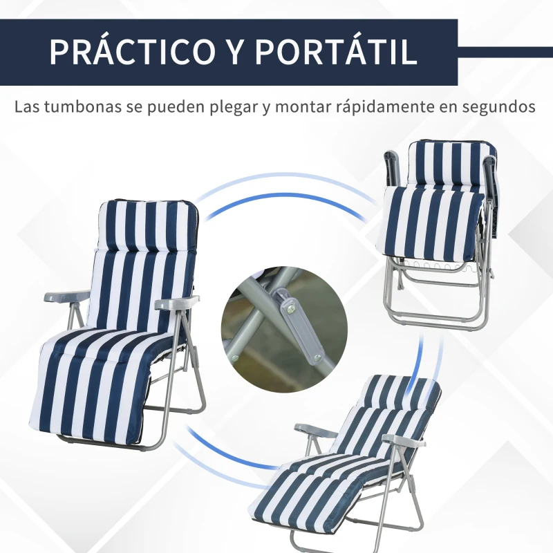Outsunny 2 Tumbonas de Jardín de Acero con Cojín Acolchado Respaldo Ajustable y Reposapiés 60x75x66-102 cm Azul y Blanco