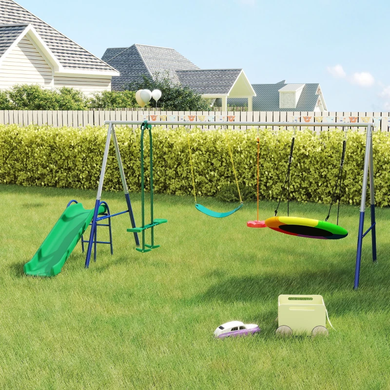 AIYAPLAY Balançoire Portique Enfants 5 en 1 avec Toboggan, 3 Balançoire, Face à Face, Hauteur Réglable, 3-8 ans, Multicolore