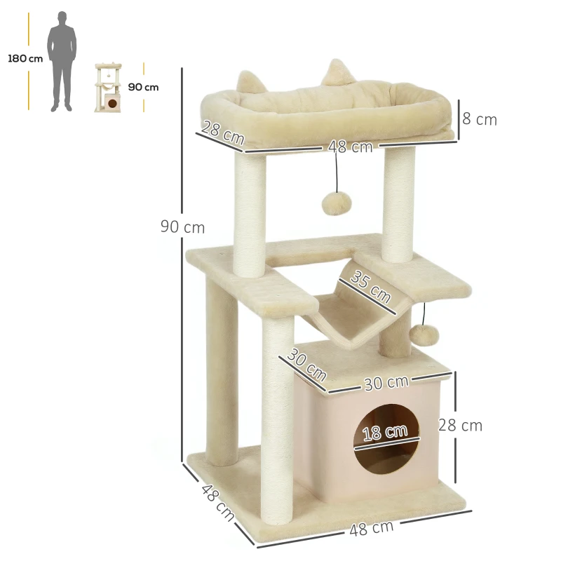 PawHut Cat Tree, 90cm Cat Tower with Sisal Scratching Posts, Cat Condo, Hammock, Top Perch and 2 Hanging Toys for Cats, Beige
