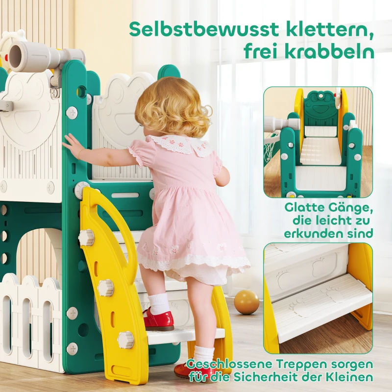 AIYAPLAY 7-in-1 Glijbaan Set voor Peuters, Basketballkorf, Kikker Design, Klimtoestel, Schommelzit, Voor Binnen en Buiten, Geel+Groen