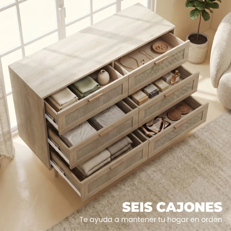 HOMCOM Cómoda para Dormitorio con 6 Cajones con Frontal de Ratán Patas de Madera Cajonera Estilo Bohemio 110x40x75 cm Roble