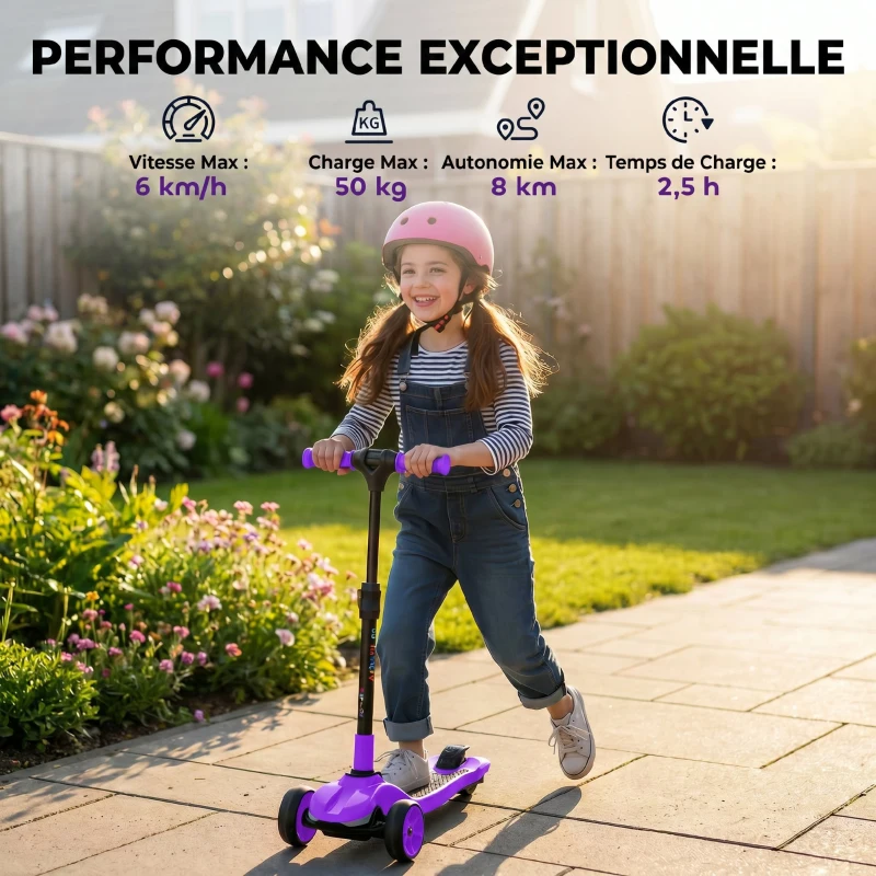 AIYAPLAY Trottinette électrique pour enfants 6+ ans, pliable 3 roues démarrage zéro, vitesse maximale 8 km/h 64x29x83cm violet