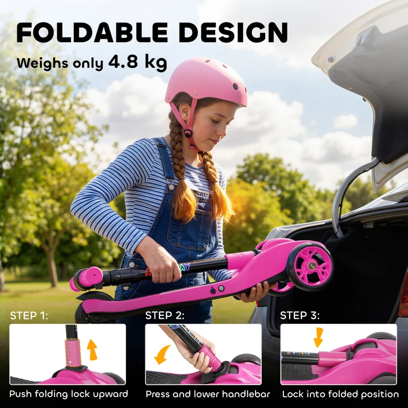 AIYAPLAY Trottinette électrique pour enfants 6+ ans, pliable 3 roues démarrage zéro, vitesse maximale 8 km/h 64 x 29 x 83 cm rose