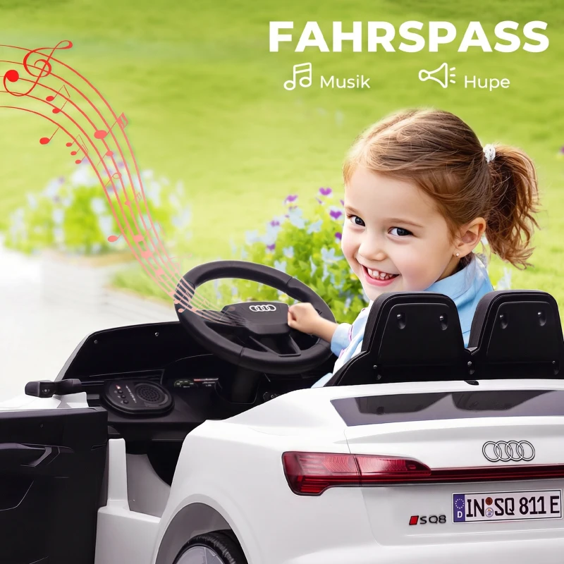 AIYAPLAY Kinder elektrische auto 12V Audi Q8 met 2,4G afstandsbediening, 2 motoren, MP3 muziek & claxon, voertuig met koplampen, 4 geveerde wielen, softstart voor kinderen van 3-4 jaar, wit(m-6)