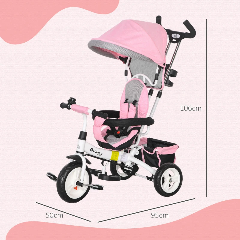HOMCOM 6-in-1 Kinderrdriewieler met Duwstang, Zonnedak, Gordel, Mandje, voor 1-5 Jaar, Roze