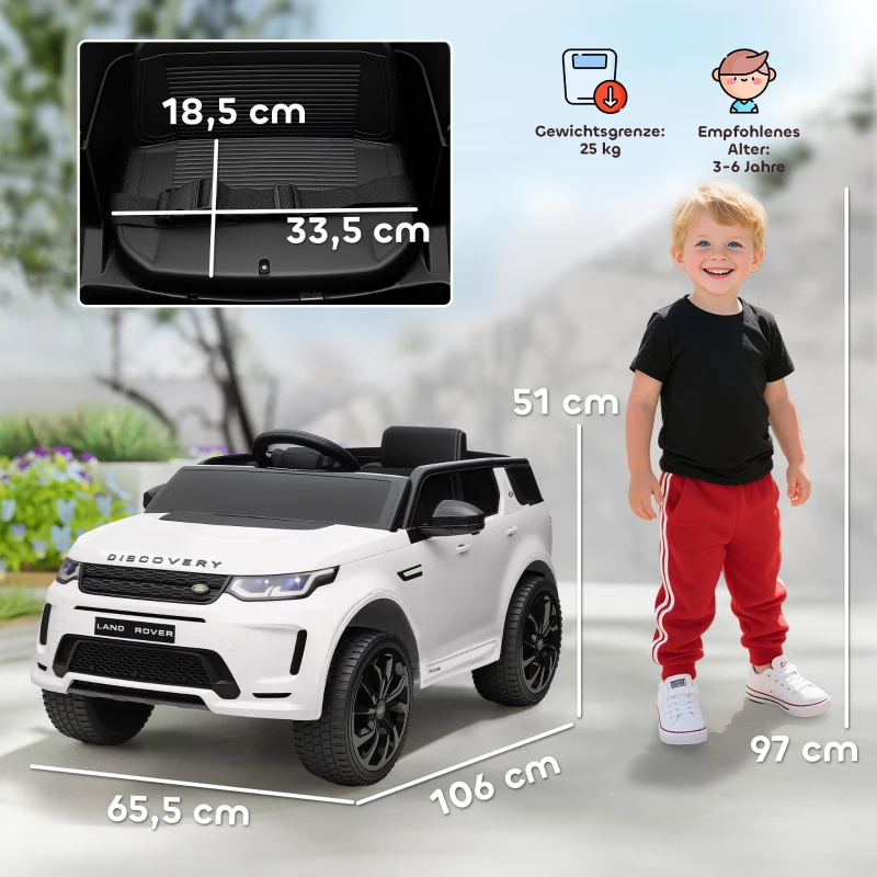 AIYAPLAY Elektrische Kinderauto 12V Land Rover Discovery Sport met 2,4G Afstandsbediening, Muziek, Claxon, LED Verlichting, USB/MP3 aansluiting, 3-5 km/u, voor Kinderen 3-6 Jaar, Wit(m-3)