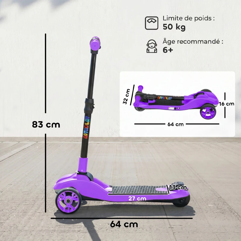 AIYAPLAY Trottinette électrique pour enfants 6+ ans, pliable 3 roues démarrage zéro, vitesse maximale 8 km/h 64x29x83cm violet